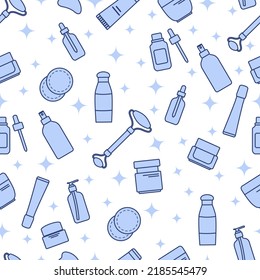 Vector Seamless pattern illustration Face skin care. Beauty Routine. Natural organic cosmetic products for skincare, facial massage roller, Gua Sha, moisturizing cream, hygienic products, serum