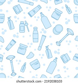 Vector Seamless pattern illustration Face skin care. Beauty Routine. Natural organic cosmetic products for skincare, facial massage roller, Gua Sha, moisturizing cream, hygienic products, serum