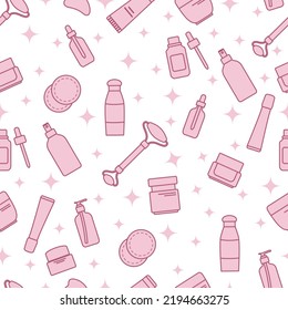 Vector Seamless pattern illustration Face skin care. Beauty Routine. Natural organic cosmetic products for skincare, facial massage roller, Gua Sha, moisturizing cream, hygienic products, serum