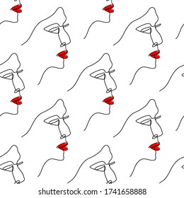 Vector seamless pattern illustration with female faces in line art style  black color with red lips on white background
