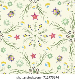 Vector seamless pattern illustration with fishes, algae,  turtles, marine plants, starfishes, and colored stones on the white background. EPS 10
