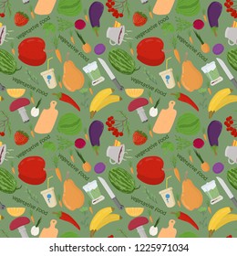 vector seamless pattern illustration of flat style vegetables and fruits berries for healthy eating vegetarian food background isolated