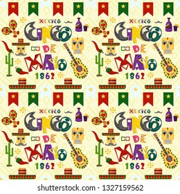 vector seamless pattern illustration in flat style theme celebrating Cinco de mayo, elements of Mexican culture, for book covers, books, fabrics design