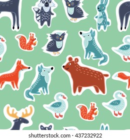 Vector seamless pattern of illustration of Forest funny cartoon animals set