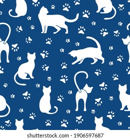 Vector seamless pattern illustration with fun cat. Animal background. Health care, vet, nutrition, exhibition. Design for fabric, print, wrapping paper or print.