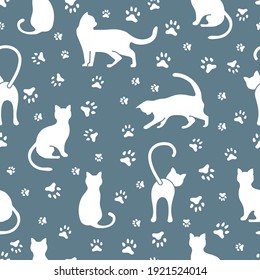 Vector Seamless Pattern Illustration With Fun Cat. Animal Background. Health Care, Vet, Nutrition, Exhibition. Design For Fabric, Print, Wrapping Paper Or Print.