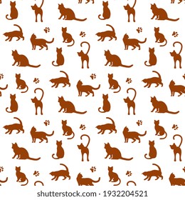Vector seamless pattern illustration with fun cat. Animal background. Health care, vet, nutrition, exhibition. Design for fabric, print, wrapping paper or print.