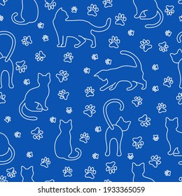Vector Seamless Pattern Illustration With Fun Cat. Animal Background. Health Care, Vet, Nutrition, Exhibition. Design For Fabric, Print, Wrapping Paper Or Print.