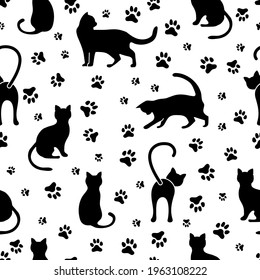 Vector seamless pattern illustration with fun cat. Animal background. Health care, vet, nutrition, exhibition. Design for fabric, print, wrapping paper or print.