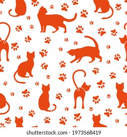 Vector seamless pattern illustration with fun cat. Animal background. Health care, vet, nutrition, exhibition. Design for fabric, print, wrapping paper or print.