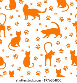 Vector seamless pattern illustration with fun cat. Animal background. Health care, vet, nutrition, exhibition. Design for fabric, print, wrapping paper or print.