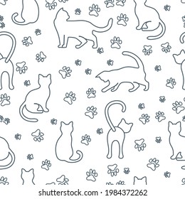 Vector seamless pattern illustration with fun cat. Animal background. Health care, vet, nutrition, exhibition. Design for fabric, print, wrapping paper or print.