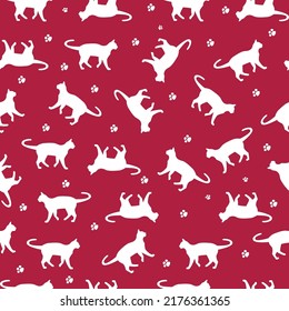 Vector seamless pattern illustration with fun cat. Animal background. Health care, vet, nutrition, exhibition. Design for fabric, print, wrapping paper or print.