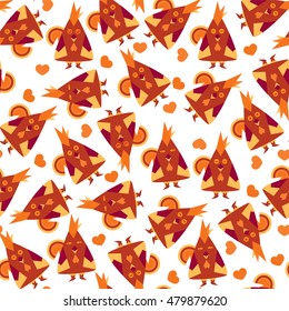 Vector seamless pattern. Illustration of funny cartoon red roosters, cute flat style. Abstract bird background in childish style. Perfect for wallpaper, paper, print, ornament, fabric. Red, orange