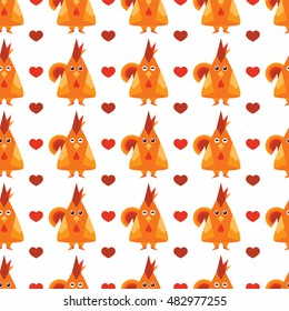 Vector seamless pattern. Illustration of funny cartoon red roosters, cute flat style. Abstract bird background in childish style. Perfect for wallpaper, paper, print, ornament, fabric. Red, orange 