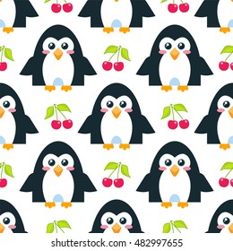 Vector seamless pattern. Illustration of funny cartoon penguins, cute flat style. Abstract bird background in childish style. Perfect for wallpaper, paper, print, ornament, fabric. Black, blue color