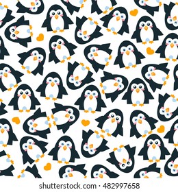 Vector seamless pattern. Illustration of funny cartoon penguins, cute flat style. Abstract bird background in childish style. Perfect for wallpaper, paper, print, ornament, fabric. Black, blue color