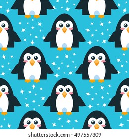 Vector seamless pattern. Illustration of funny cartoon penguins, cute flat style. Abstract bird background in childish style. Perfect for wallpaper, paper, print, ornament, fabric. Black, blue color