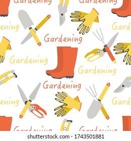 Vector nahtlose Musterillustration mit Gartenwerkzeugen und Gummistiefeln. Gartenarbeit. Gartenausstattung. Wiederholter Hintergrund für Umhüllung, Textilien, Plakat, Druck oder Web