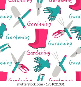 Vector seamless pattern Illustration with gardening tools and rubber boots. Gardening. Garden equipment. Repeated background for wrapping, textile, poster, print or web