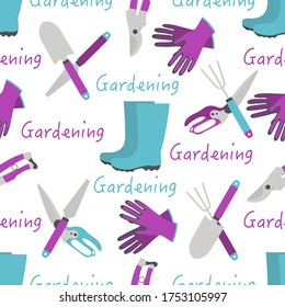 Vector seamless pattern Illustration with gardening tools and rubber boots. Gardening. Garden equipment. Repeated background for wrapping, textile, poster, print or web