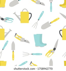 Patrón de vectores sin fisuras Ilustración con herramientas de jardinería y botas de goma. Jardinería. Equipamiento de jardín. Fondo repetido para envoltura, textil, afiche, impresión o web