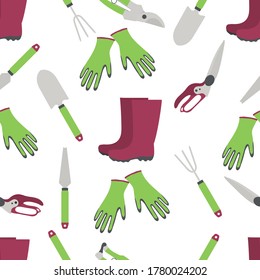 Vector seamless pattern Illustration with gardening tools and rubber boots. Gardening. Garden equipment. Repeated background for wrapping, textile, poster, print or web