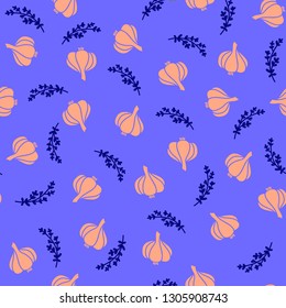 vector seamless pattern with an illustration of garlic and thyme on a blue background of modern color combination. design of paper packaging of spices, for fabric and for web design