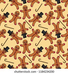 vector seamless pattern illustration of gingerbread man in a cylinder with a cane and just nothing, cookies cooking food dessert