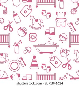 Vector Seamless Pattern Illustration Goods For Babies Newborn Infant Toddler Baby Care Accessories. Baby Stroller Cot Bath Bottle Diaper Clothes Socks Pacifier Toys Scissors Breast Pump Bib Rattle