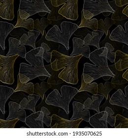 Vector seamless pattern illustration grey and gold ginkgo leaves isolated on black background. Luxury design 2022. Endless wallpaper. Biloba plant. Leaf graphic elements print for textile and fabric