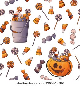 Vector seamless pattern with illustration of Halloween basket from pumpkin, pail with sweets, Halloween candies, lollipop. Pattern for fabric, wrapping paper, textile, cover, print, packaging.
