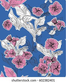 Vector Seamless Pattern Illustration Hand Drawn Art Floral Stickers Doodle Pink on Blue Background