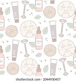 Vector seamless pattern. Illustration in a hand-drawn style, linear drawing. Cosmetics for skin care, beauty routine. Face mask, serum, cream, jade masseur. Orange and leaves. AHA acids in cosmetics