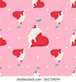 Vector seamless pattern with illustration of hearts covered by cream and dressed by cherry and white polka dots on pastel pink background. Good for print design, wrap packaging paper, restaurant menu