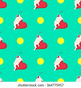 Vector seamless pattern with illustration hearts covered by cream and cherry on turquoise green background. Packaging wrap paper fun cute vintage design. Beauty tattoo pin-up style.  Yellow big dots