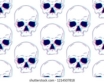 Vector seamless pattern with illustration of human skull with 3d and stereoscopic and glitch effect on white background