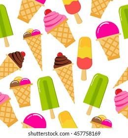 Vector a seamless pattern with an illustration ice cream, ice cream cone, an eskimo on a stick a wafer cup chocolate. strawberry, vanilla. Design elements for packing, toys, leaflets, banners, labels.