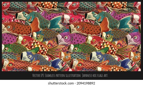 Vector Seamless pattern illustration of Japanese style drawn Koi fish flags art.