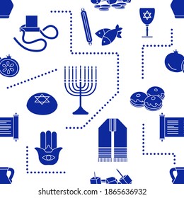 Vector Patrón sin foco Ilustración Festividad judía Símbolos tradicionales Deslizador de Torah, frasco de aceite, granada Amulet hamsa, menorah, kippah, tefillin, Talith, Dreidel, Pescado, donuts Diseño festivo Imprimir