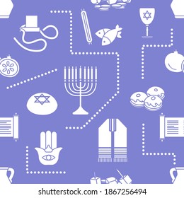 Vector Seamless pattern Illustration Jewish holiday Traditional symbols Torah scroll, oil jar, pomegranate Amulet hamsa, menorah, kippah, tefillin, Talith, Dreidel, Fish, donuts Festive design Print