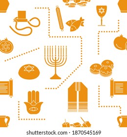 Vector Seamless pattern Illustration Jewish holiday Traditional symbols Torah scroll, oil jar, pomegranate Amulet hamsa, menorah, kippah, tefillin, Talith, Dreidel, Fish, donuts Festive design Print