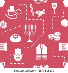 Vector Seamless pattern Illustration Jewish holiday Traditional symbols Torah scroll, oil jar, pomegranate hamsa Amulet, menorah, kippah, tefillin, Talith, Dreidel, Fish, donuts Festive design Print