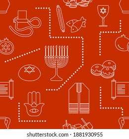 Vector Seamless pattern Illustration Jewish holiday Traditional symbols Torah scroll, oil jar, pomegranate Amulet hamsa, menorah, kippah, tefillin, Talith, Dreidel, Fish, donuts Festive design Print