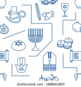 Vector Seamless pattern Illustration Jewish holiday Traditional symbols Torah scroll, oil jar, pomegranate Amulet hamsa, menorah, kippah, tefillin, Talith, Dreidel, Fish, donuts Festive design Print