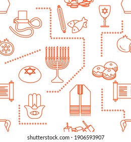 Vector Seamless pattern Illustration Jewish holiday Traditional symbols Torah scroll, oil jar, pomegranate Amulet hamsa, menorah, kippah, tefillin, Talith, Dreidel, Fish, donuts Festive design Print
