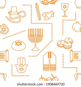 Vector Seamless pattern Illustration Jewish holiday Traditional symbols Torah scroll, oil jar, pomegranate Amulet hamsa, menorah, kippah, tefillin, Talith, Dreidel, Fish, donuts Festive design Print