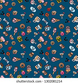 vector seamless pattern, illustration in Kawaii style cute nice, adorable drawings, icons, sweet pastry food and drinks