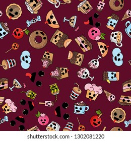 vector seamless pattern, illustration in Kawaii style cute nice, adorable drawings, icons, sweet pastry food and drinks
