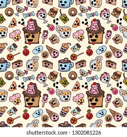 vector seamless pattern, illustration in Kawaii style cute nice, adorable drawings, icons, sweet pastry food and drinks